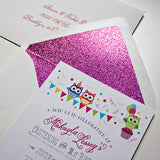 Owl theme birthday invite with glitter envelope liner