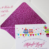 Owl theme birthday invite with glitter envelope liner